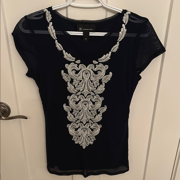 INC International Concepts Navy & Silver Lined Top, size M - Picture 1 of 6
